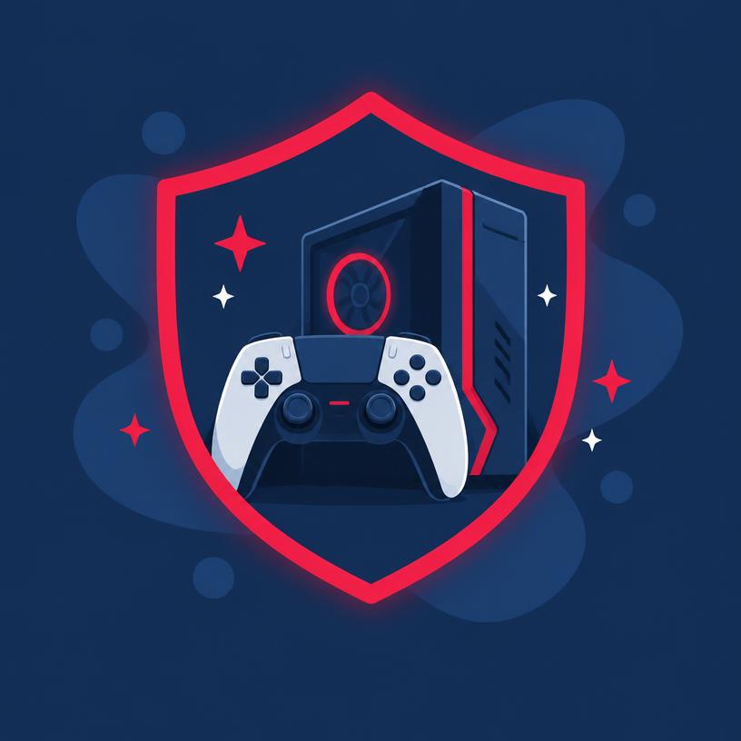 A game controller and gaming PC inside a glowing red shield