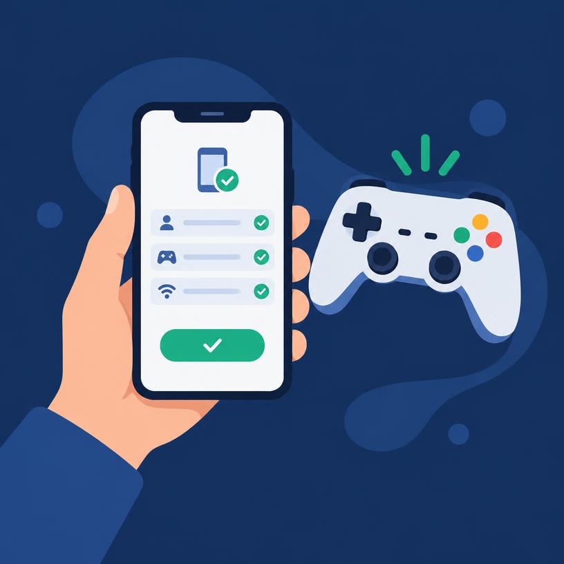 A hand holding a phone with a registration form next to a game controller