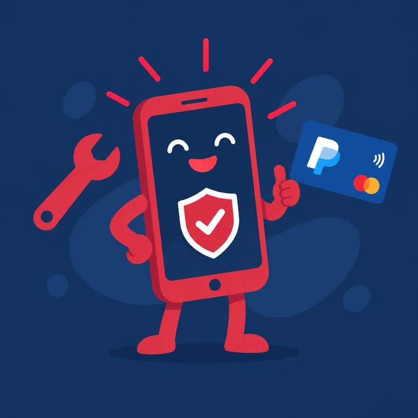 A smiling red phone character with a shield, a wrench, and a payment card